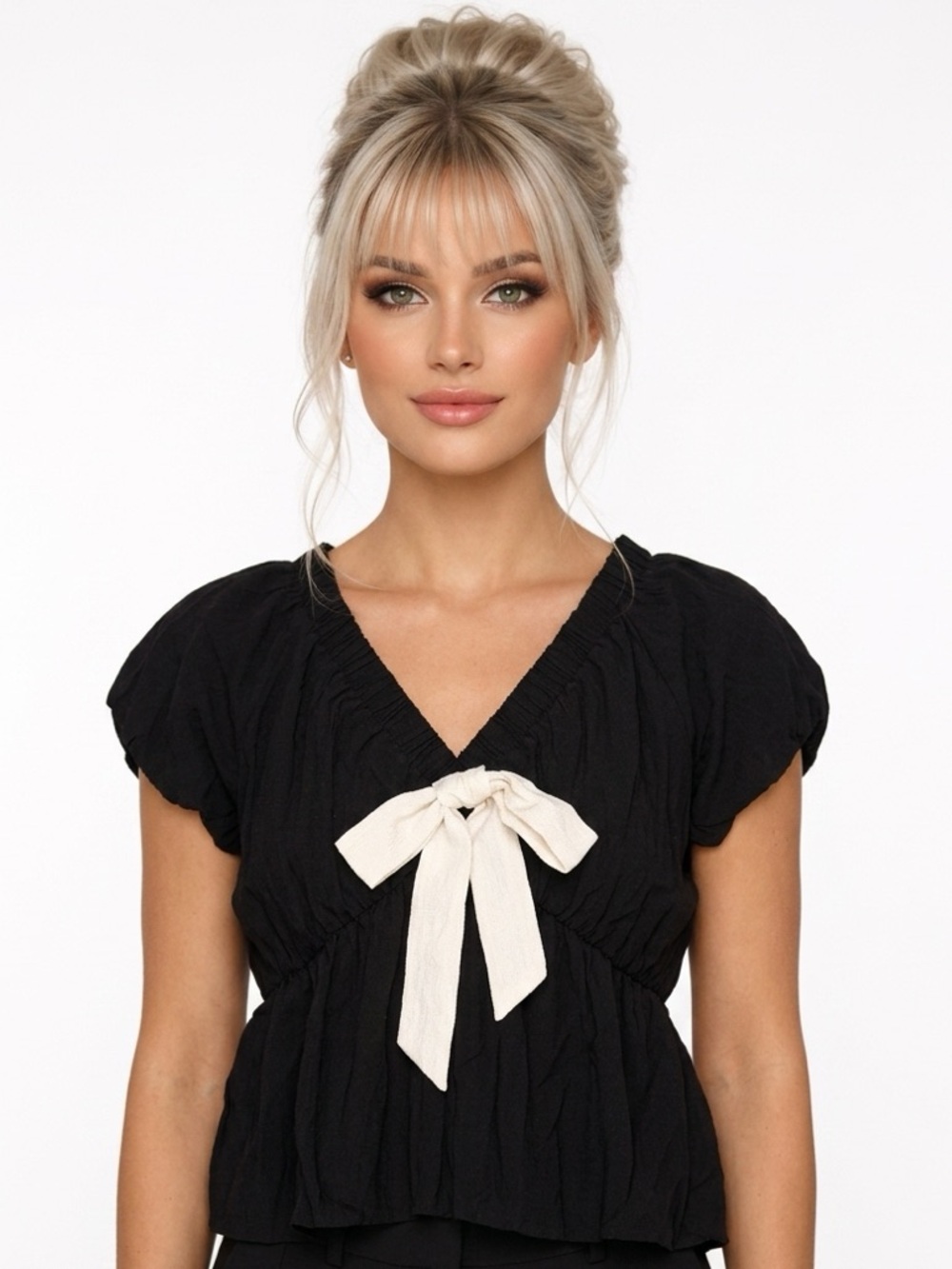 In February Black V-Neck Puff Sleeve Top with Ivory Bow women’s size small nwt